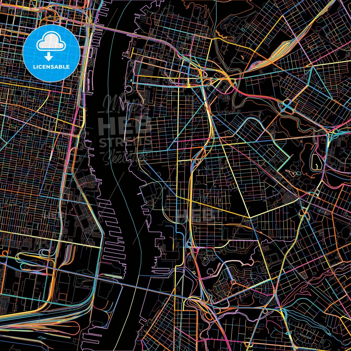 Camden, New Jersey, United States, colorful city map on black background