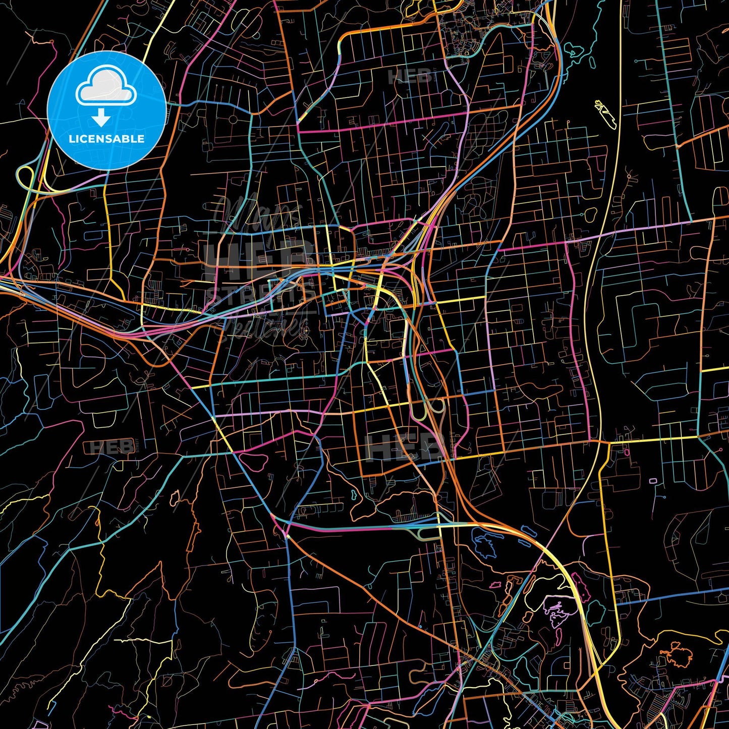 New Britain, Connecticut, United States, colorful city map on black background