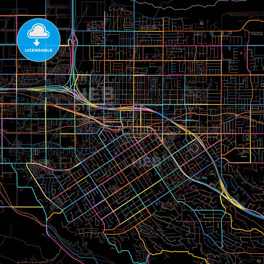 Redlands, California, United States, colorful city map on black background