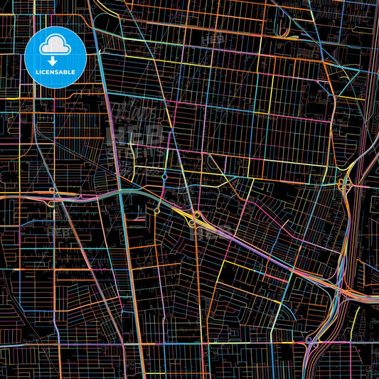 Lynwood, California, United States, colorful city map on black background