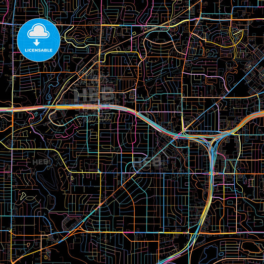 North Richland Hills, Texas, United States, colorful city map on black background