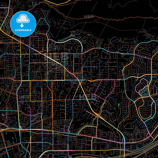 Yorba Linda, California, United States, colorful city map on black background