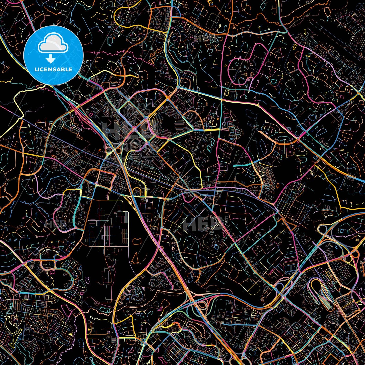 Gaithersburg, Maryland, United States, colorful city map on black background