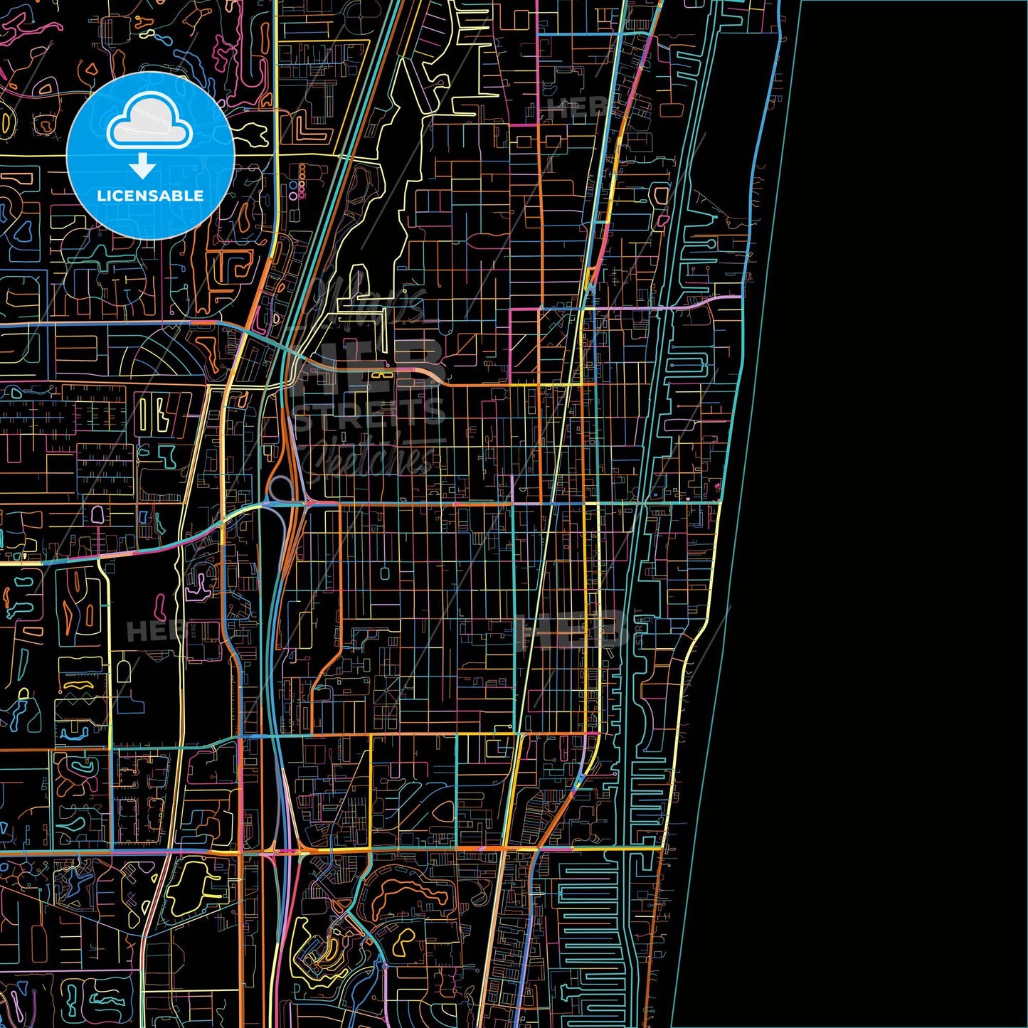 Delray Beach, Florida, United States, colorful city map on black background