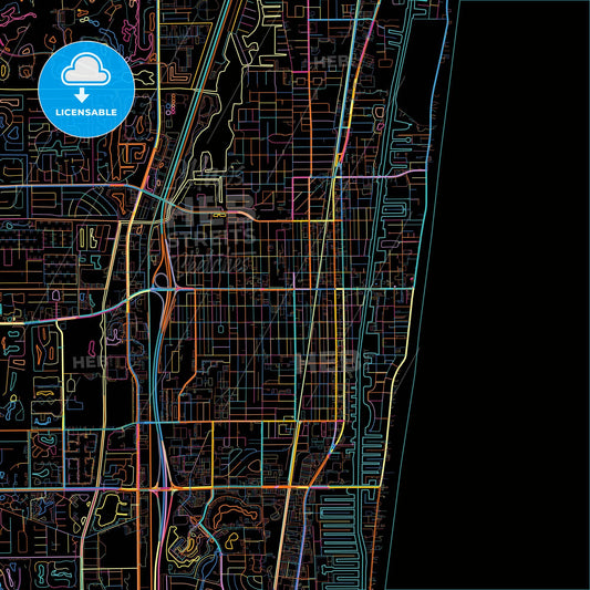 Delray Beach, Florida, United States, colorful city map on black background