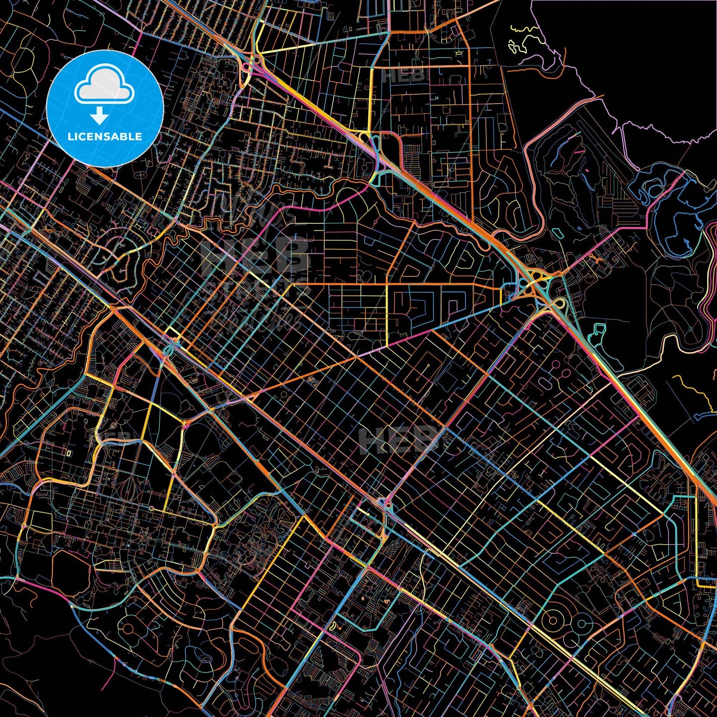 Palo Alto, California, United States, colorful city map on black background