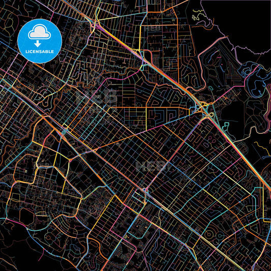 Palo Alto, California, United States, colorful city map on black background