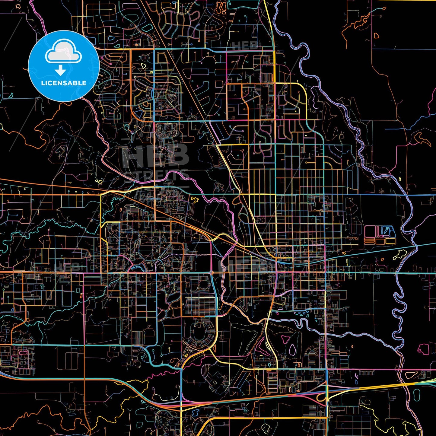 Ames, Iowa, United States, colorful city map on black background