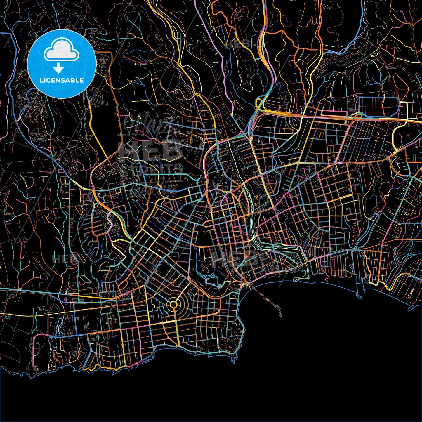 Santa Cruz, California, United States, colorful city map on black background
