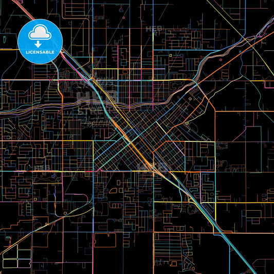 Madera, California, United States, colorful city map on black background