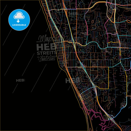 Encinitas, California, United States, colorful city map on black background