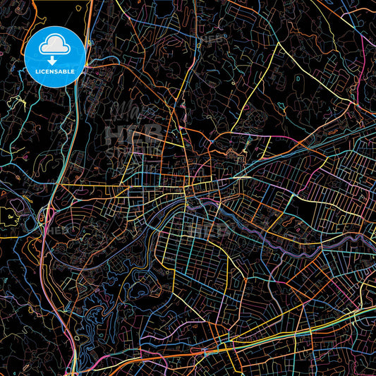 Waltham, Massachusetts, United States, colorful city map on black background