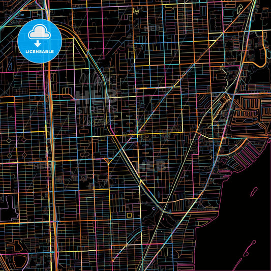 North Miami, Florida, United States, colorful city map on black background