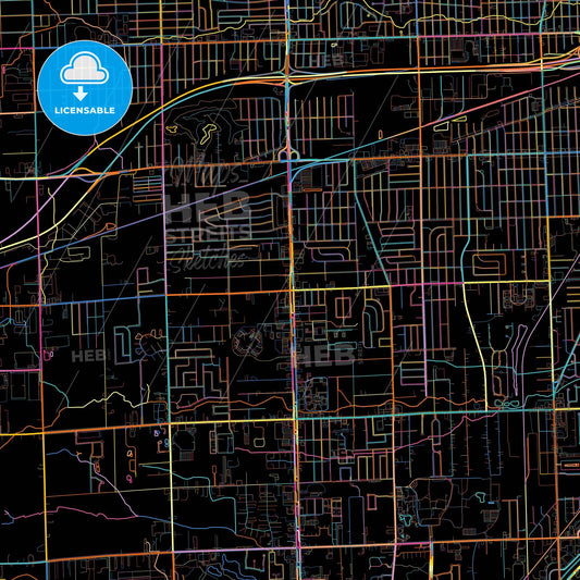 Taylor, Michigan, United States, colorful city map on black background