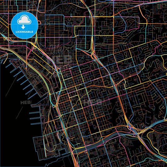 National City, California, United States, colorful city map on black background