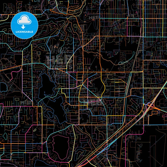 Lakewood, Washington, United States, colorful city map on black background