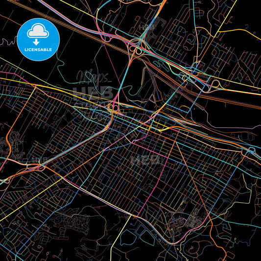 Utica, New York, United States, colorful city map on black background