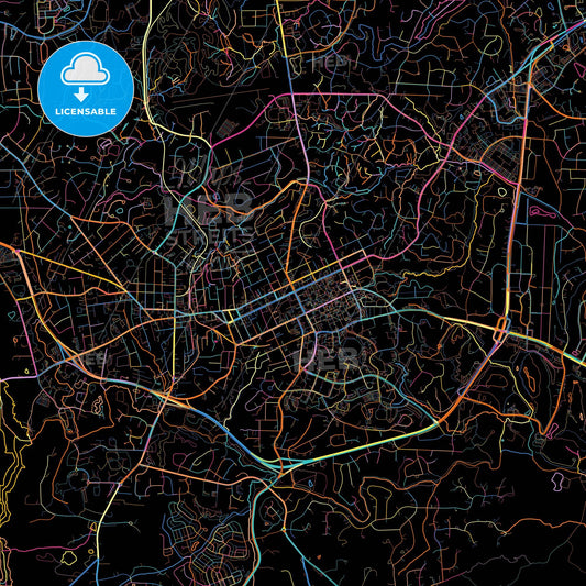 Chapel Hill, North Carolina, United States, colorful city map on black background