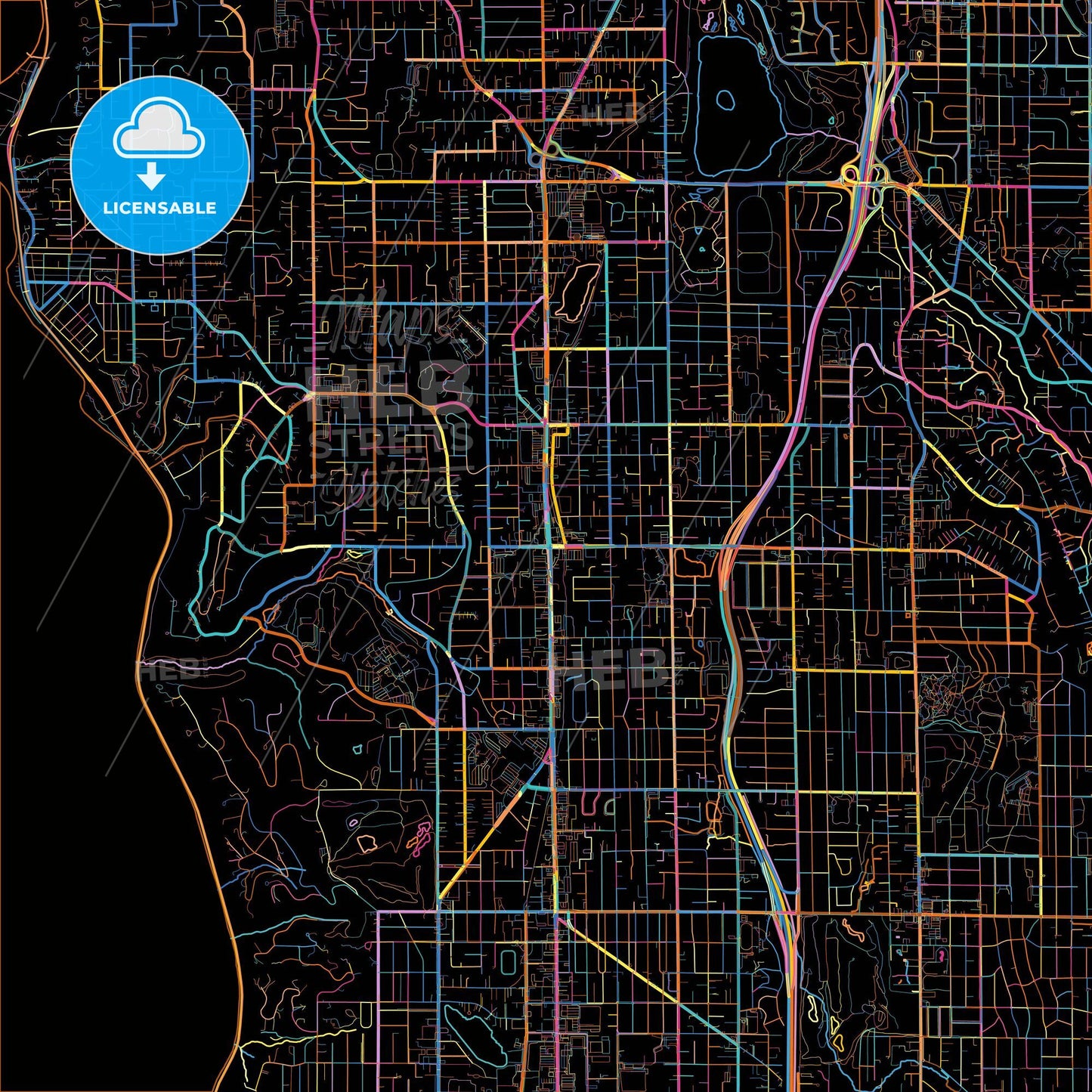 Shoreline, Washington, United States, colorful city map on black background