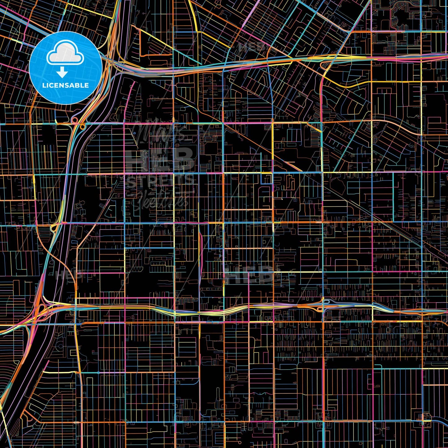 Paramount, California, United States, colorful city map on black background