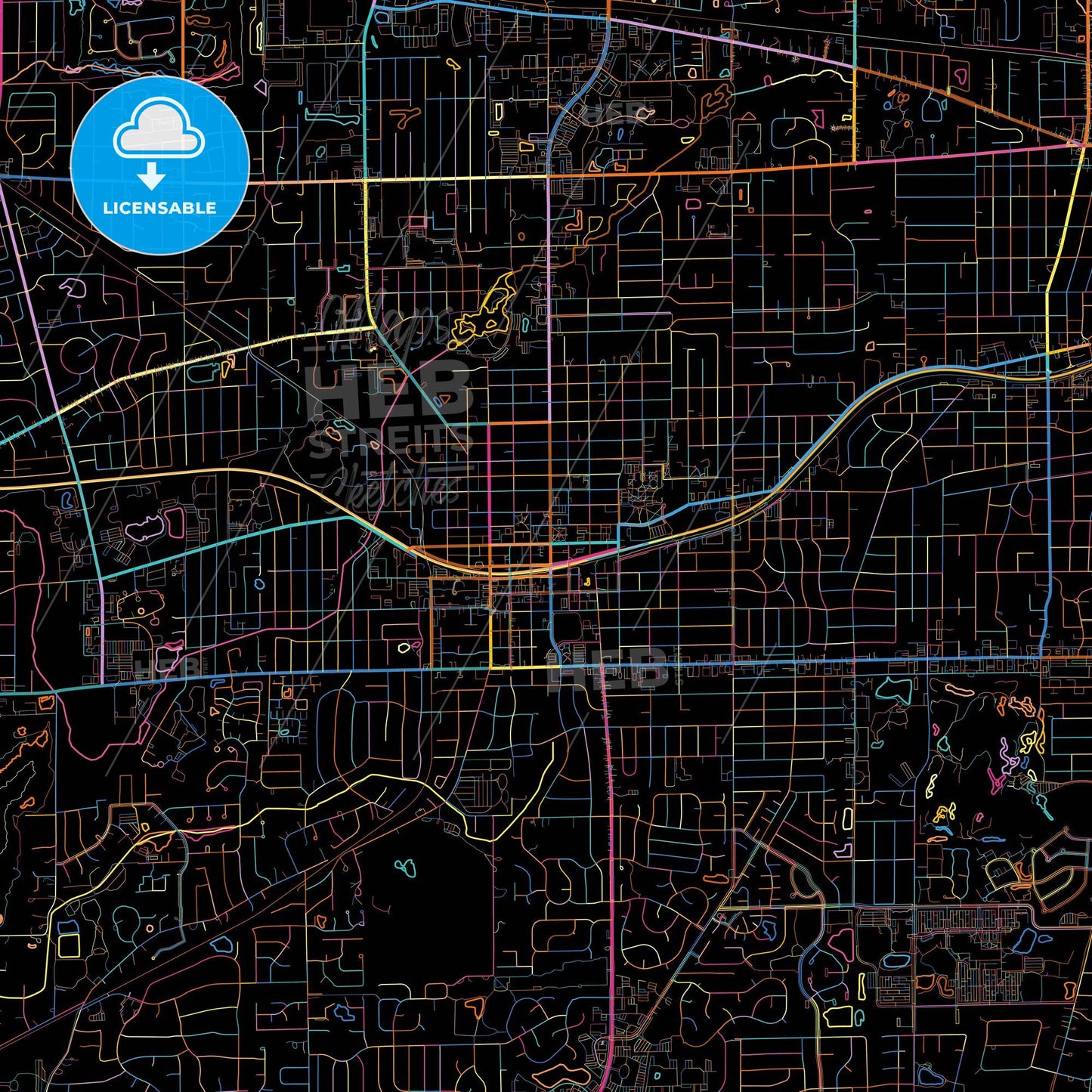 Wheaton, Illinois, United States, colorful city map on black background