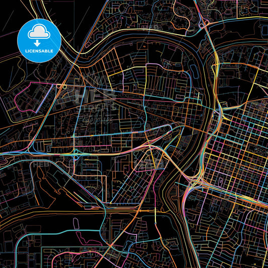 West Sacramento, California, United States, colorful city map on black background