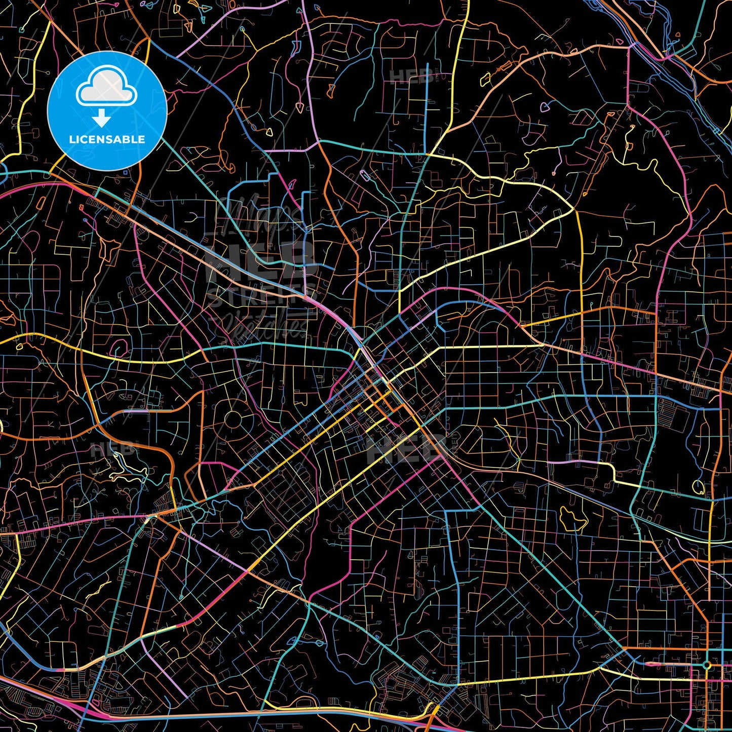 Burlington, North Carolina, United States, colorful city map on black background