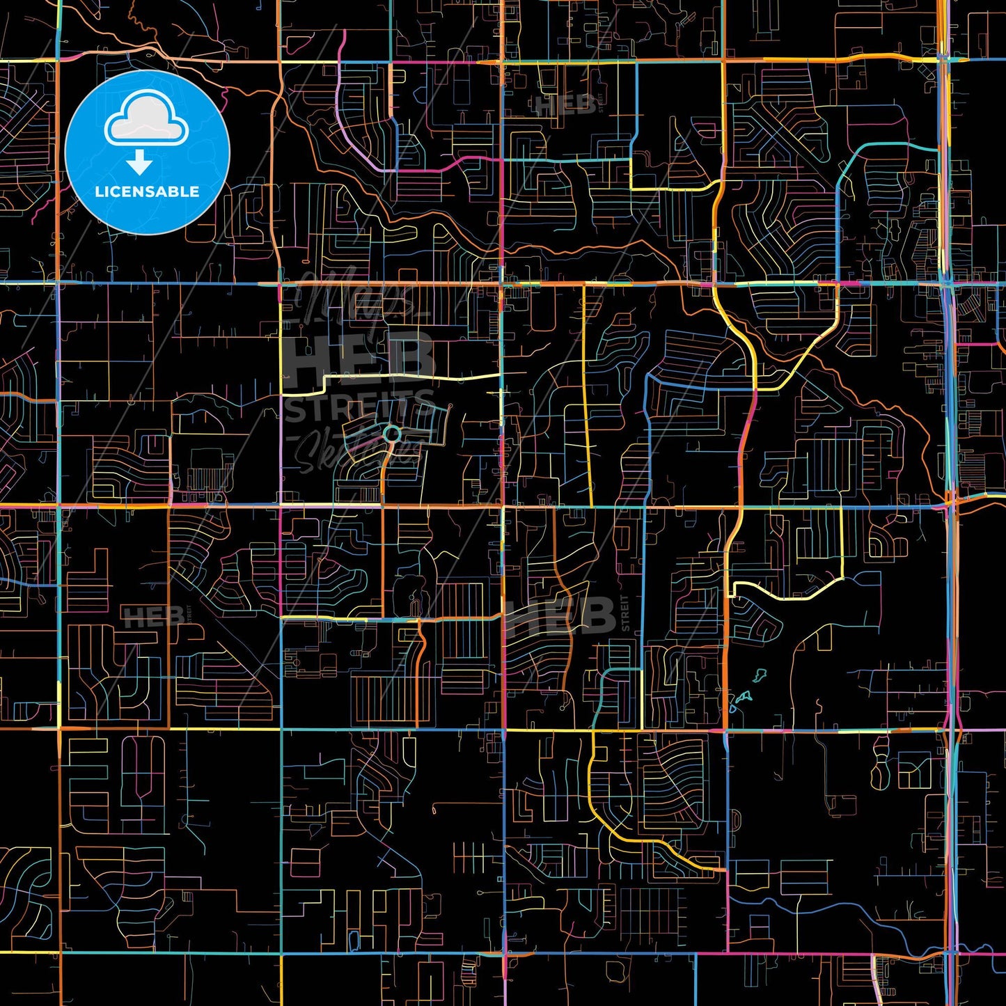 DeSoto, Texas, United States, colorful city map on black background