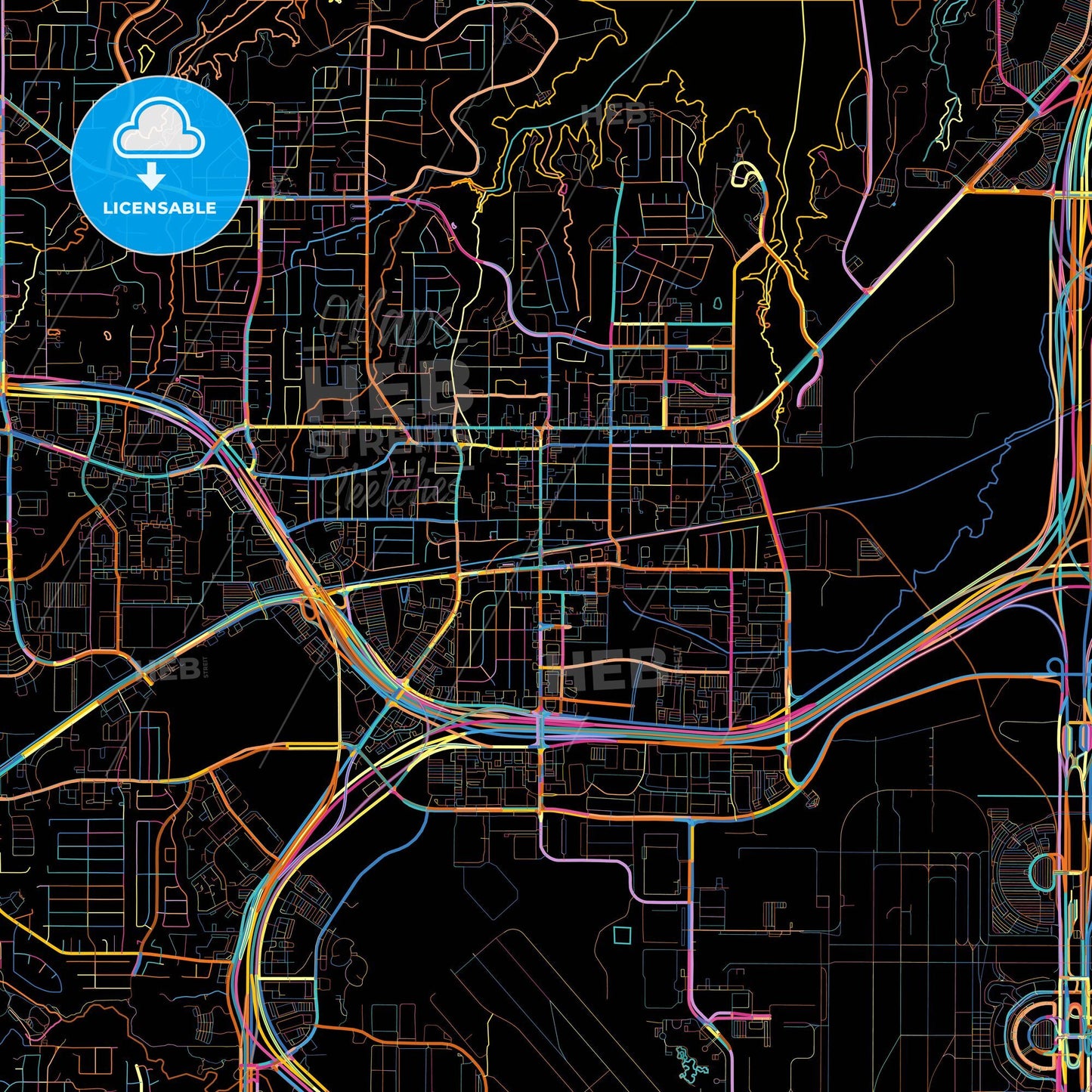Grapevine, Texas, United States, colorful city map on black background