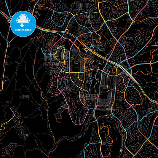 Aliso Viejo, California, United States, colorful city map on black background