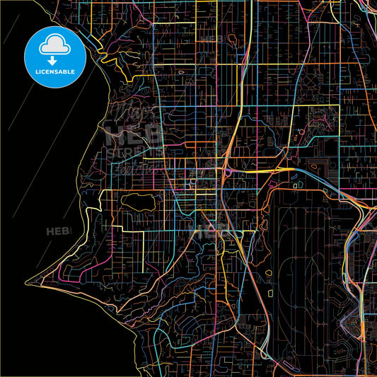 Burien, Washington, United States, colorful city map on black background