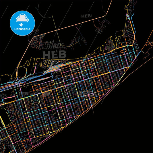 Galveston, Texas, United States, colorful city map on black background