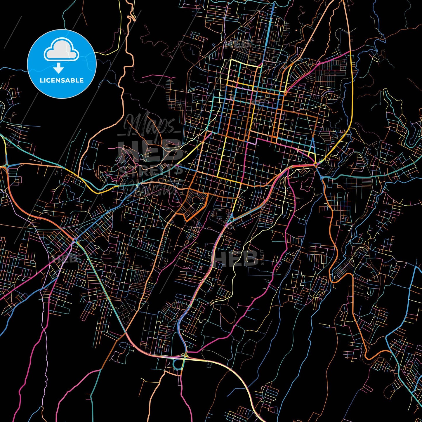 Santa Ana, Santa Ana, El Salvador, colorful city map on black background