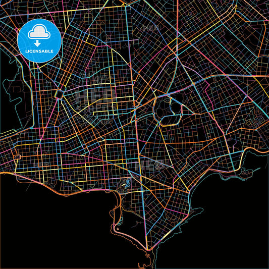 Montevideo, Uruguay, colorful city map on black background