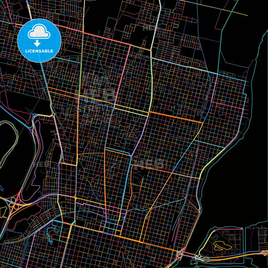 Santa Fe de la Vera Cruz, Argentina, colorful city map on black background