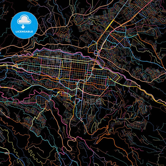 Pereira, Colombia, colorful city map on black background
