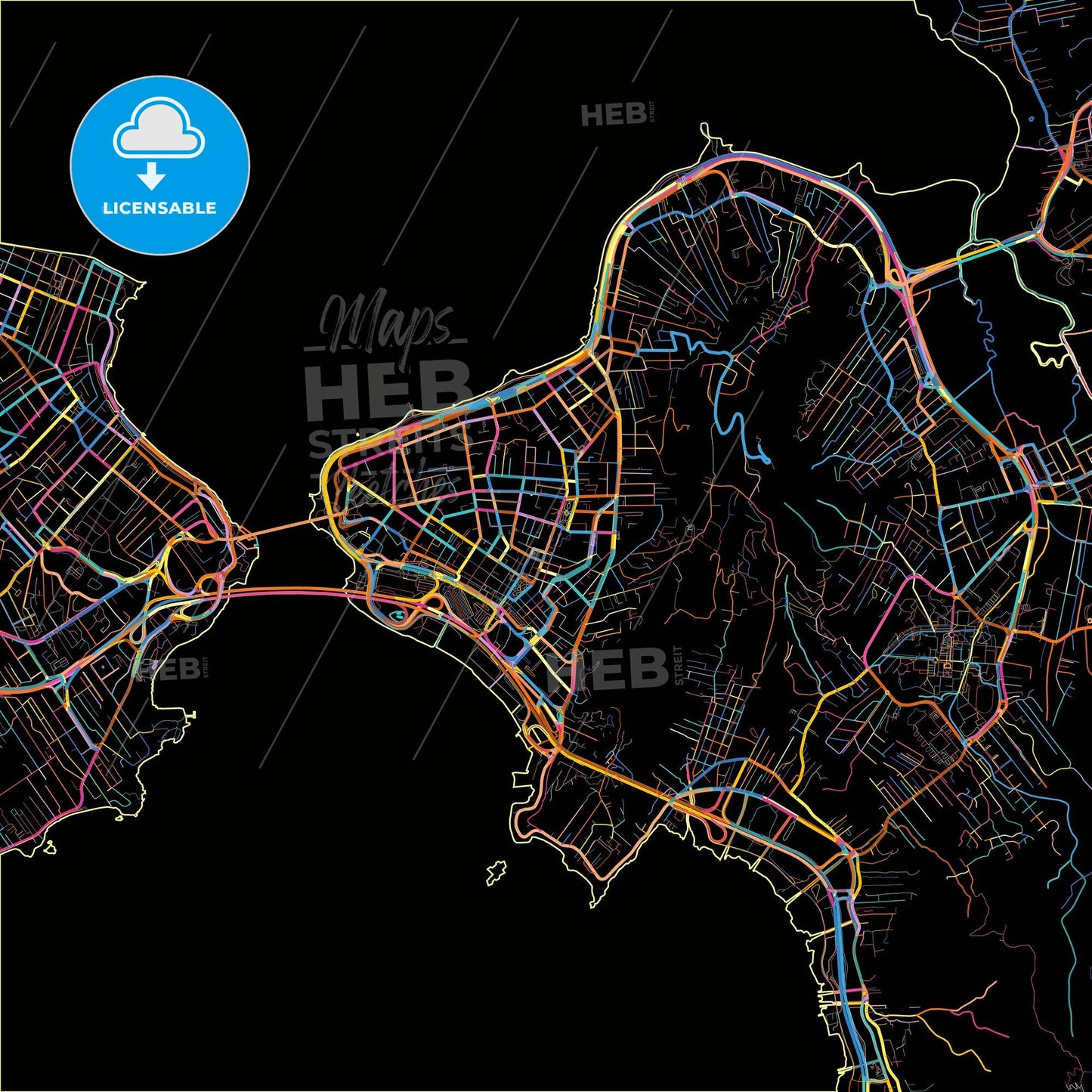 Florianopolis, Brazil, colorful city map on black background