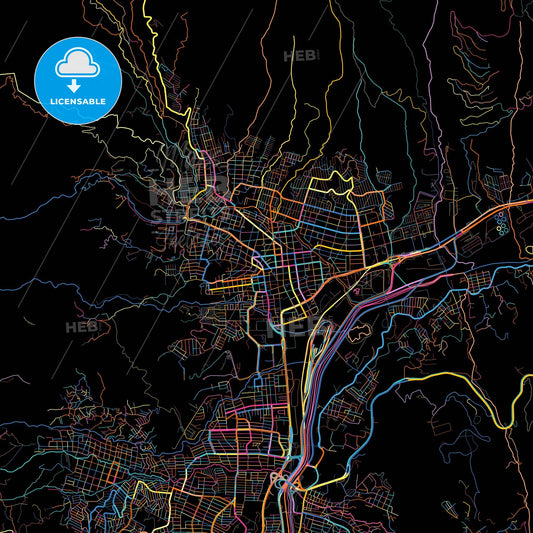 Bello, Colombia, colorful city map on black background