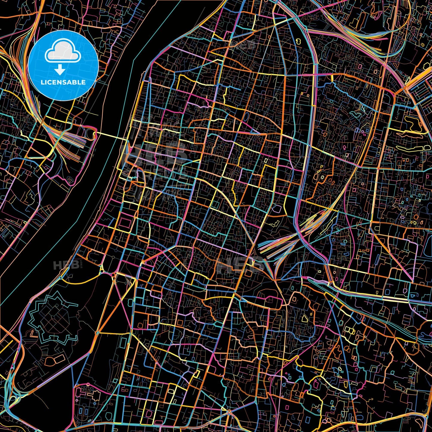 Kolkata, West Bengal, India, colorful city map on black background