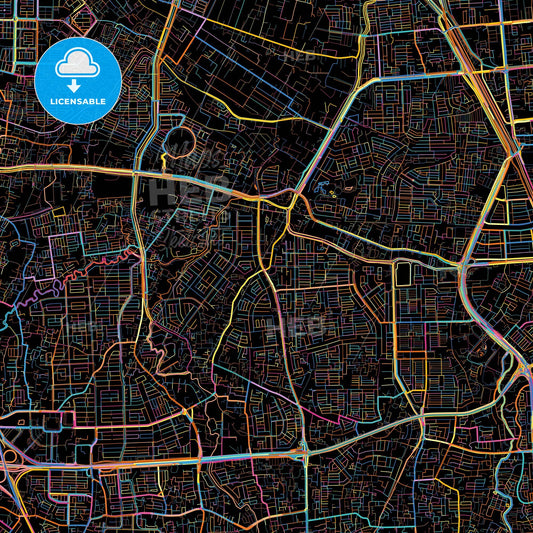 West Jakarta, Indonesia, colorful city map on black background