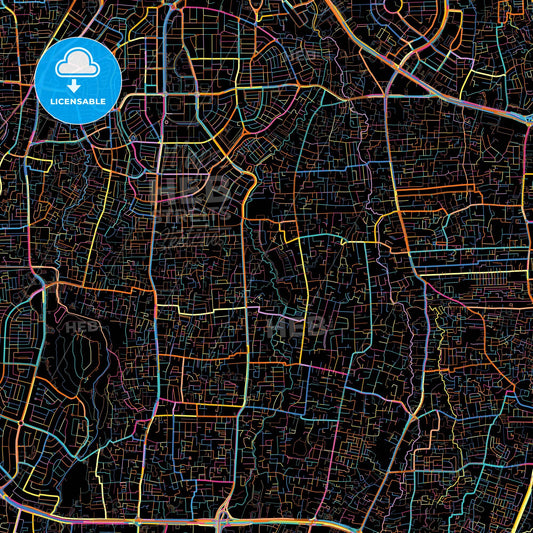 South Jakarta, Indonesia, colorful city map on black background