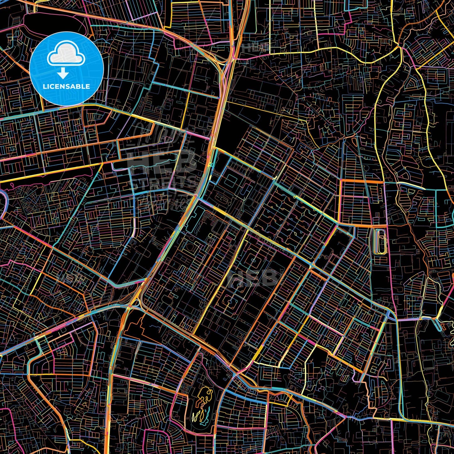 North Jakarta, Indonesia, colorful city map on black background