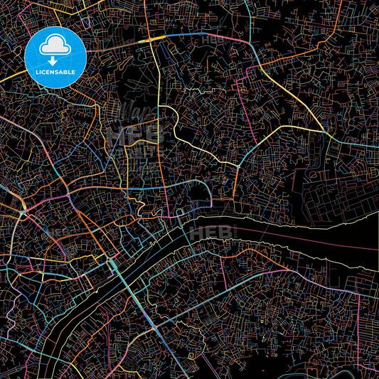 Palembang, South Sumatra, Indonesia, colorful city map on black background