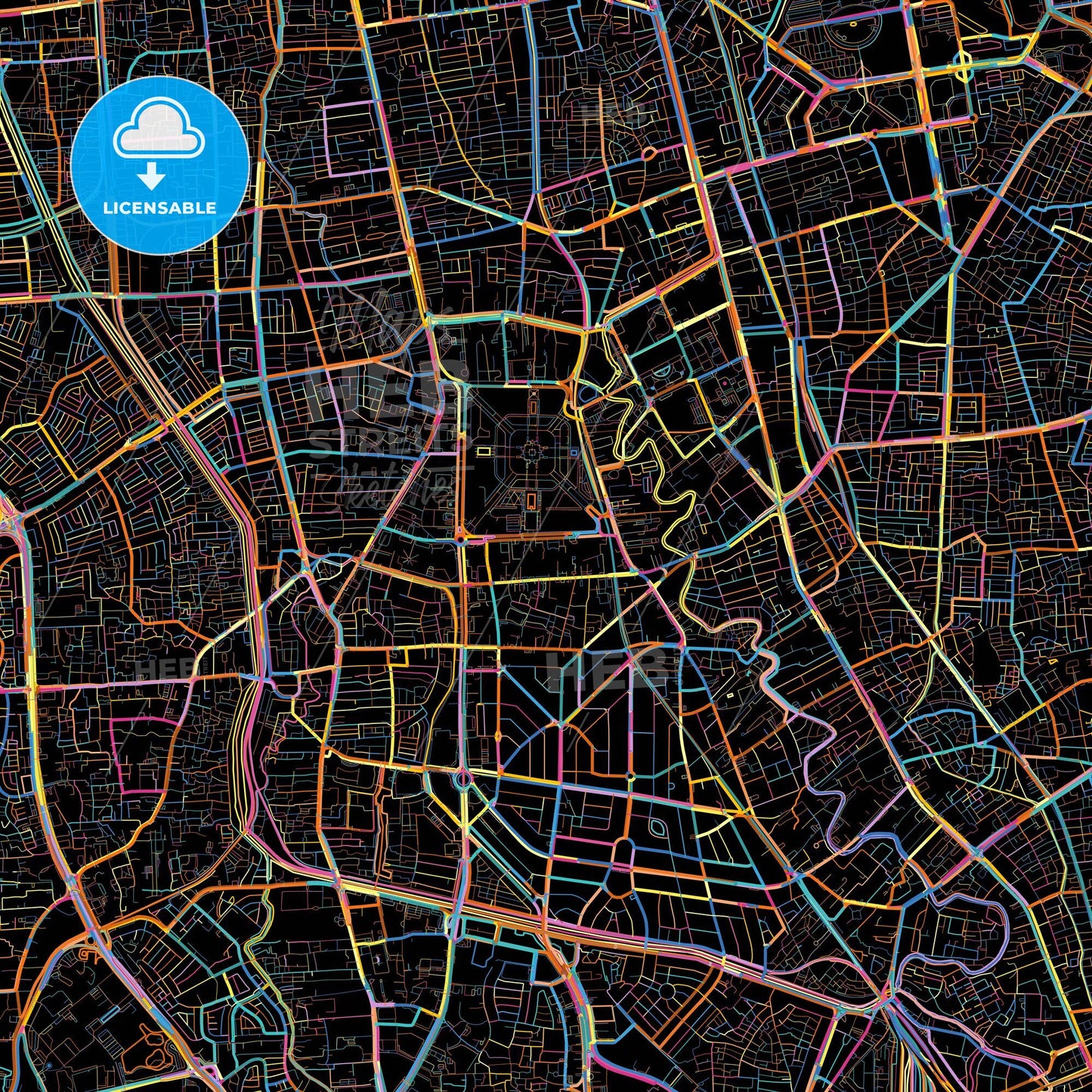 Central Jakarta, Indonesia, colorful city map on black background