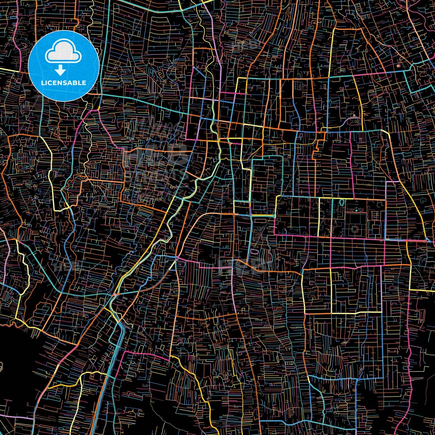 Denpasar, Bali, Indonesia, colorful city map on black background