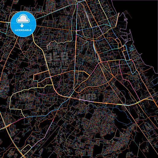 Cirebon, West Java, Indonesia, colorful city map on black background