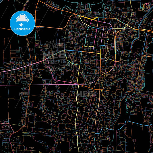 Tegal, Central Java, Indonesia, colorful city map on black background