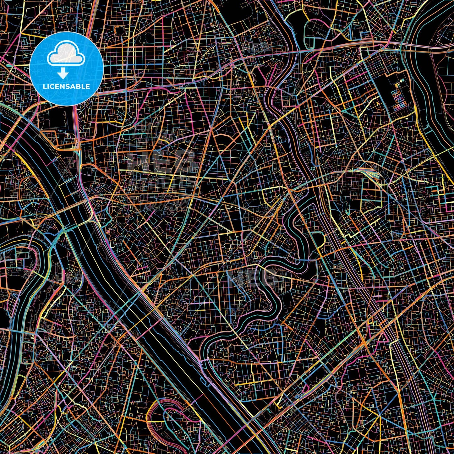 Katsushika, Tokyo, Japan, colorful city map on black background
