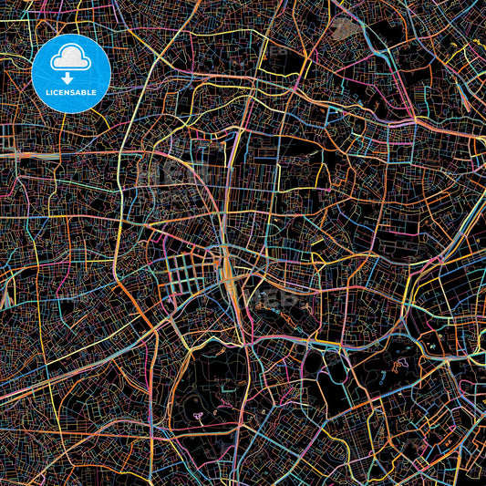 Shinjuku, Tokyo, Japan, colorful city map on black background