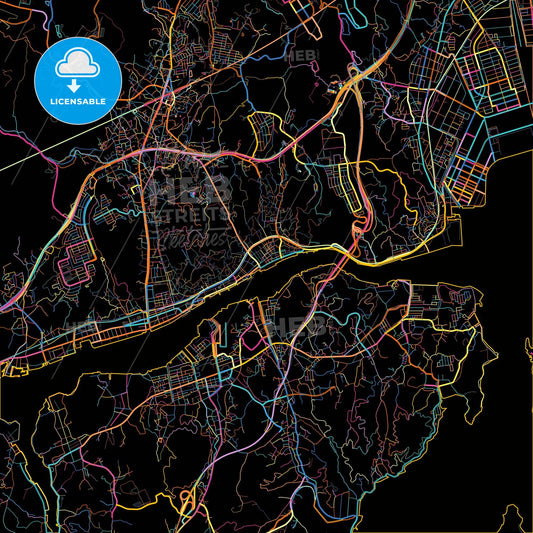 Onomichi, Hiroshima, Japan, colorful city map on black background